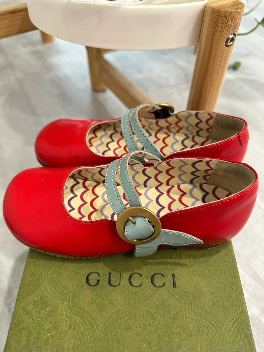 Gucci Red Leather Mary Jane Flats with Light Blue Straps